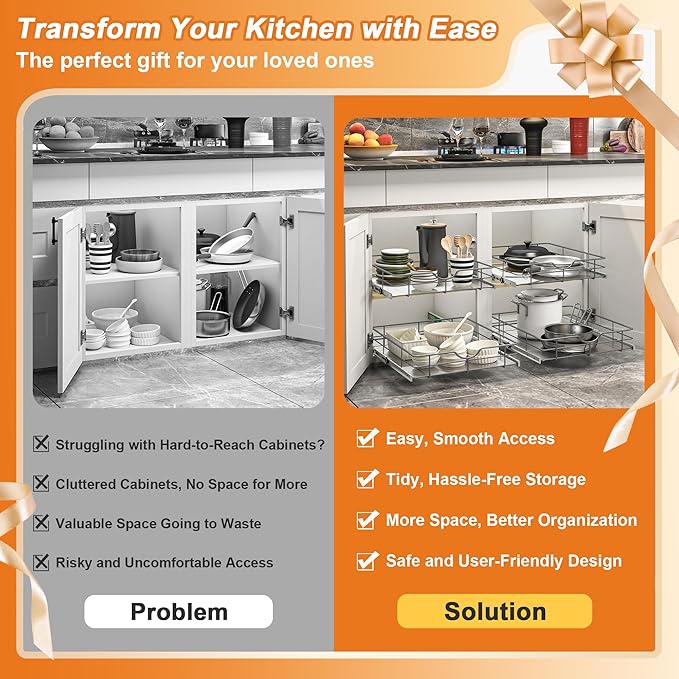 ALINE FURNITURE Pull Out Cabinet Organizer - 23" W x 22" D Soft Close Pullout Shelves for Kitchen Cabinets - Slide Out Drawers, Heavy Duty Steel Wire