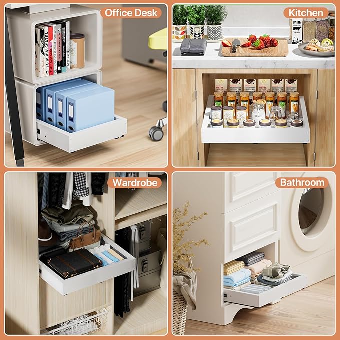 1 Pack Pull out Cabinet Organizer, Width (11"-19") Depth (16"-22"), with 3 Rails Adjustable Slide, Expandable Pullout Drawers for Cabinets, No Drill Adhesive Kitchen Drawers for Shelves