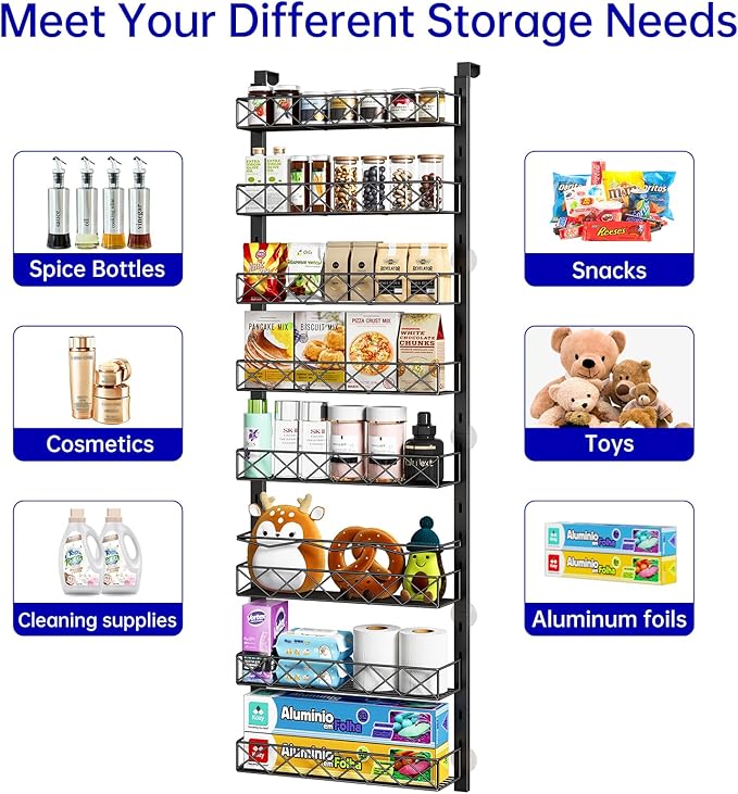 Over the Door Organizer, Black 8-Tier Pantry Door Organizer with Adjustable Basket, Hanging Spice Rack Cabinet Door Shelves, Laundry Room Organization and Storage