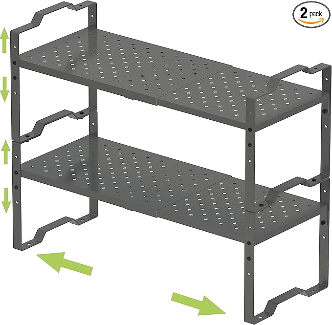 Expandable Shelf for Cabinet Organizer Adjustable Stackable Spice Rack at Kitchen and Bathroom More, Counter Countertop Cupboard Organization Pantry Storage (2 Packs/Gun-Grey, Medium)