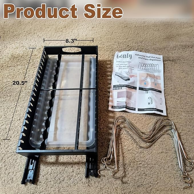 Pan Organizers Inside Cabinet with Drip Tray, 21" Deep Pull out Cabinet Organizer Adhesive, Pot Lids Organizer with Handle Under Cabinet, Slide Out Cookie Sheet organizer with 9 Adjustable Dividers