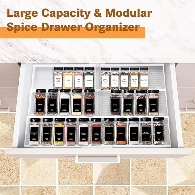 Spice Drawer Organizer, 4 Tier Clear Acrylic Drawer Seasoning Organizer Rack, Kitchen Seasoning Jars Drawers Insert, Expandable 11" to 22" Spice Rack Tray for Cabinet/Countertop (Jars Not Included)