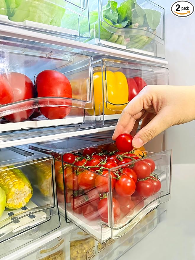 Refrigerator Organizers and Storage Drawer, Stackable Fruit Storage Containers for Fridge, Reusable Fridge Organizer fit for Kitchen Refrigerator and Restaurant Freezer (2 Drawers, Large)