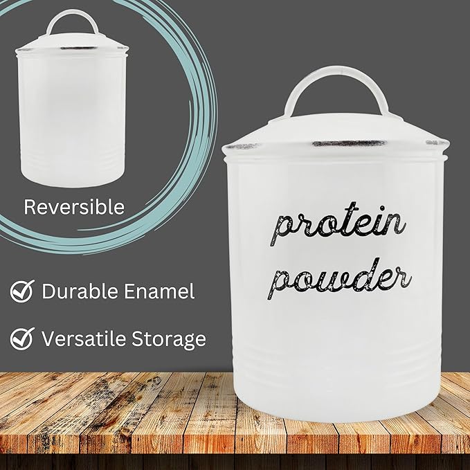 AuldHome Design Enamelware Protein Powder Canister; White Rustic Distressed Style Storage for Kitchen