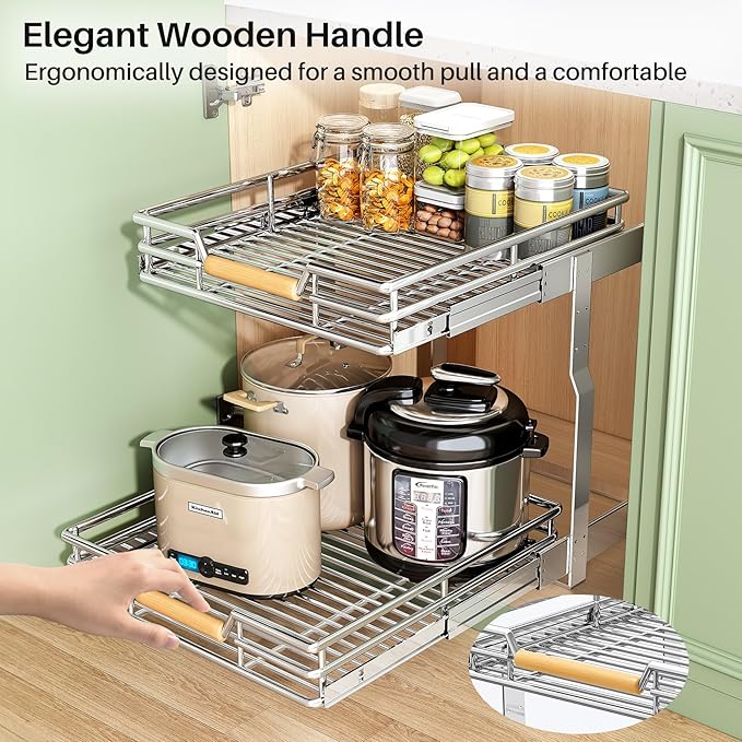Kitstorack Pull out Cabinet Organizer,2 Tier Heavy Duty Smooth Sliding Under Cabinet Shelves for Pots and Pans,Roll out Drawers with Thickened Chrome Plating(23" W X 21" D)