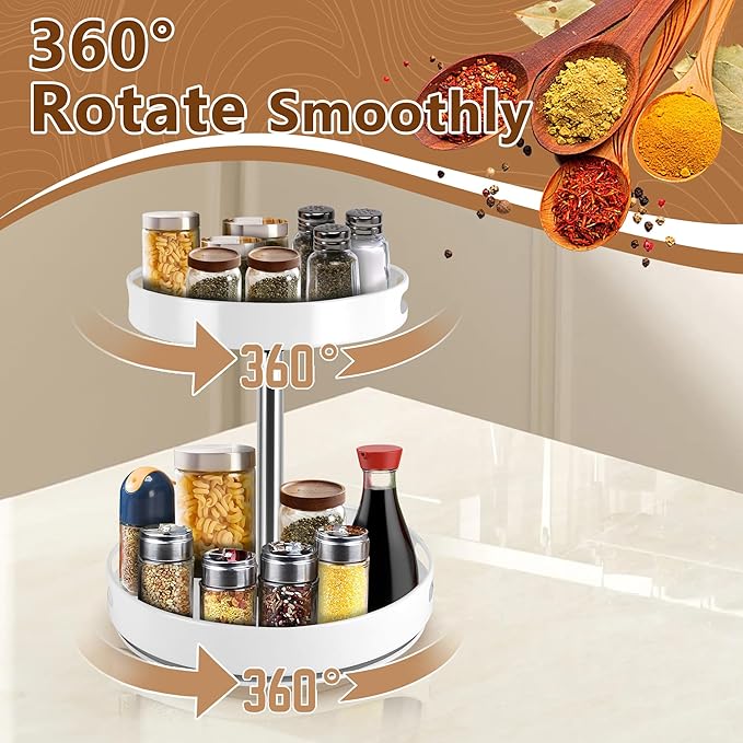 Rack Lazy Susan Organizer, 2 Tier Height Adjustable Rotating Lazy Turntable Organization for Cabinet Kitchen Table Pantry Countertop Refrigerator Cupboard Storage(White, 12 inch)