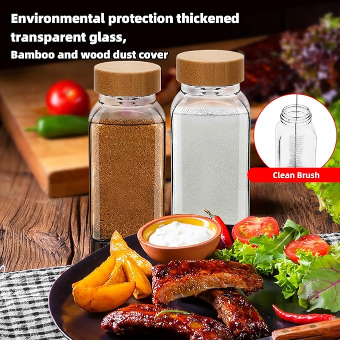 12Pcs 6oz Glass Spice Jars Bamboo Lids with Shaker Lids, Spice Jars Trial Set & Supplement Set, Empty Spice Containers and Square Spice Bottles for Kitchen (12)