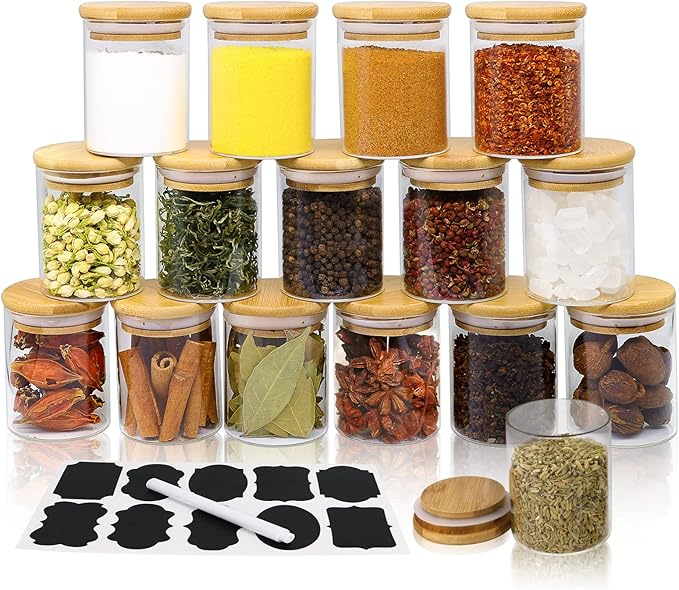 6.5 oz Glass Spice Jar with Bamboo Airtight Lids and Labels, Small Glass Food Storage Containers for Kitchen Pantry Organization Spices Tea Coffee Candy Herbs(16 Pack)