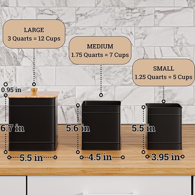 Kitchen Canisters for Countertop Set of 3 with Customizable Chalkboard Labels & Marker Pen - Big Iron Kitchen Canisters with Airtight Lids - Black Canister Set - Flour and Sugar Containers Farmhouse