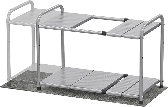 Simple Houseware Under Sink 2 Tier Expandable Heavy Duty Metal Shelf Organizer Rack, Silver (Expand from 15 to 25 inches)