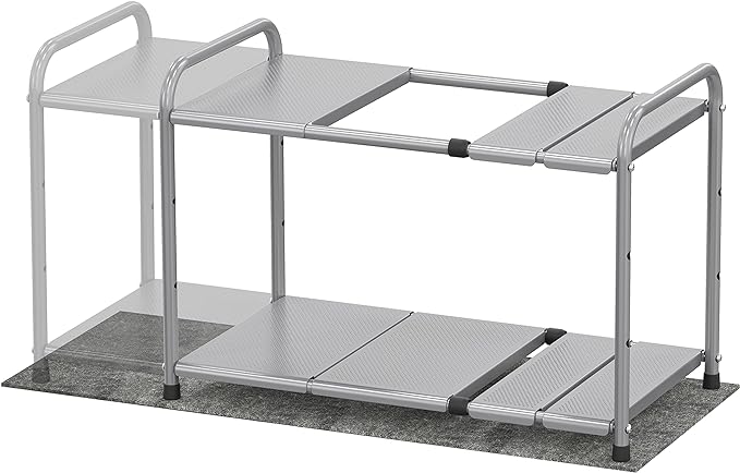 Simple Houseware Under Sink 2 Tier Expandable Heavy Duty Metal Shelf Organizer Rack, Silver (Expand from 15 to 25 inches)