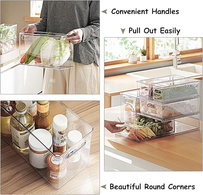 3 Pack Refrigerator Organizer Bins with Pull-out Drawer, Stackable Fridge Drawer Organizer Set with Handle, Clear Plastic Food Storage Containers for Freezer, Cabinet, Kitchen, Pantry