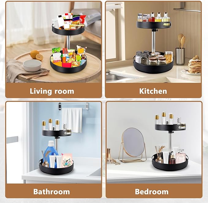 Spice Rack Lazy Susan Organizer, 2 Tier Height Adjustable Rotating Lazy Turntable Organization for Cabinet Kitchen Table Pantry Countertop Refrigerator Cupboard Storage(Black, 12 inch)