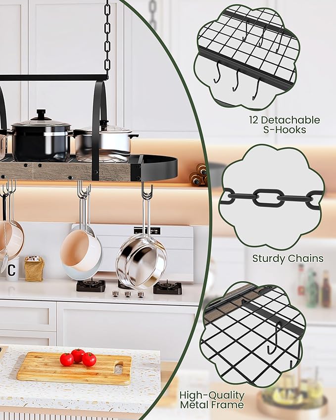Hanging Pot Rack, Pot Hanger for Kitchen, Ceiling Mounted Pot Holder, Cookware Organizer with 12 S-Shaped Hooks, for Pot, Pan Storage, Space-Saving, Greige and Black TPR08BGC1