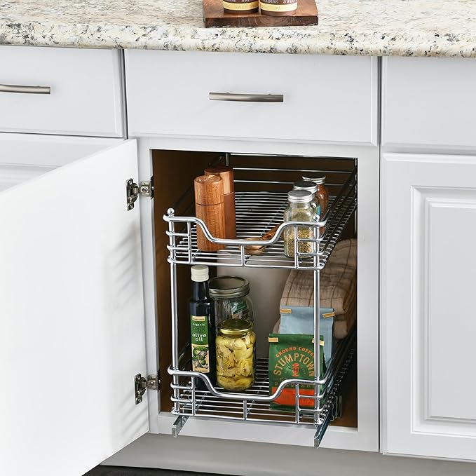 Household Essentials Glidez Slide Out Cabinet Organizer, 11.5” Wide, Durable Chrome-Plated Steel Frame,Dual Baskets & Smooth Glides,Heavy-Duty & Space-Optimizing,Simple Assembly & Installation, Chrome