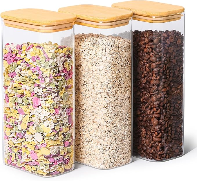 ComSaf 63oz Rectangle Glass Storage Containers with Lids, Glass Jars with Bamboo Lids, Clear Food Jar, Square Canister Set of 3, Pantry Organizers and Storage for Flour Pasta Coffee Bean