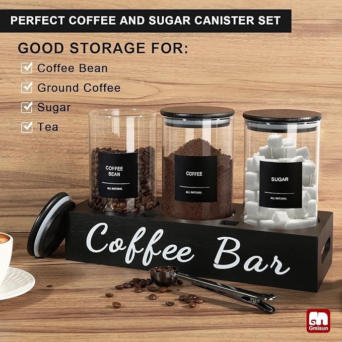 GMISUN Coffee Tea Sugar Container Set, 3 Pcs 50 Fl oz Bean Storage Canister With Airtight Lids, Black Glass Tea Sugar Holder Containers with Scoop/Shelf/Labels, Canisters Jars for Coffee Bar/Station