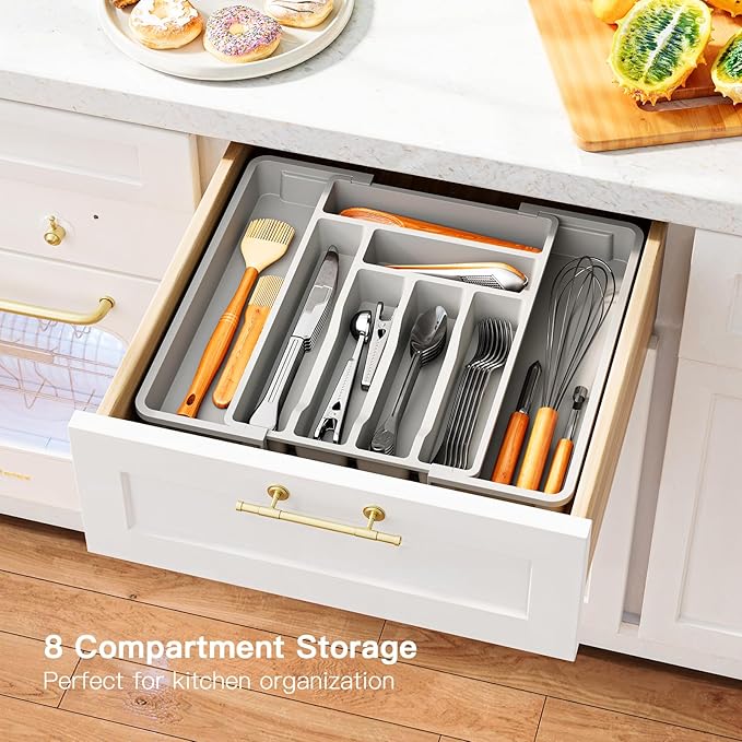 Pipishell Silverware Drawer Organizer, Expandable BPA-Free Kitchen Utensil Storage Tray for Forks, Spoons and Knives, Grey Plastic Cutlery Holder