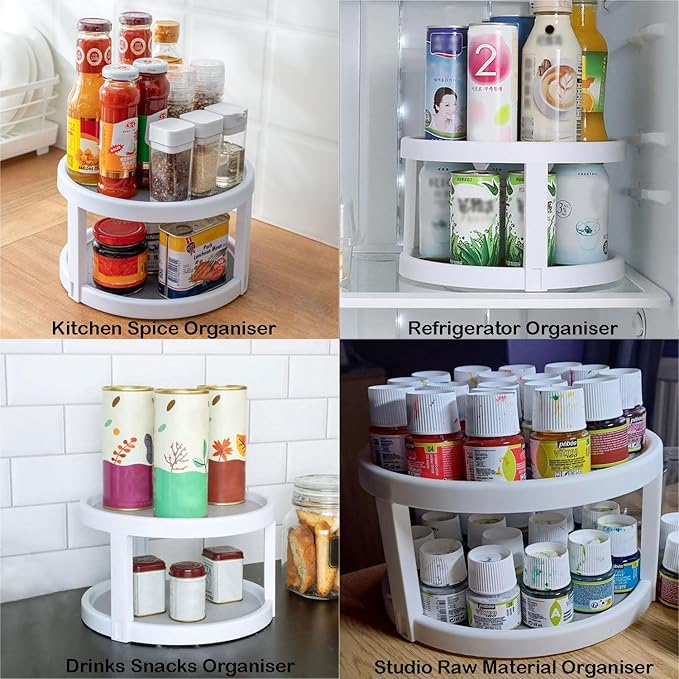 2 Tier Non Skid Spice Rack Turntable, 10 Inch Spinning Organizer, Non Skid Lazy Susan Turntable, 360° Rotating Seasoning Organizer for Kitchen, Pantry Cabinet, Refrigerator, Bathroom, Gray/White