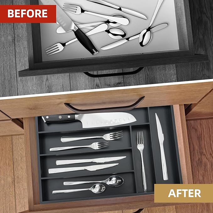 Silverware Organizer Kitchen Drawer Organizer Utensil Organizer Bamboo Silverware Holder Cutlery Organizer in Drawer Flatware Organizer Tray(6 slots, Black