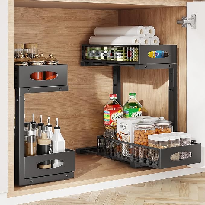 Under Sink Organizer, 2-Tier Put Out Cabinet Organizer, Adjustable Rust Proof Under Sink Organizers and Storage, Kitchen Undersink Organizers for Kitchen, Bathroom, Cabinet, Counter, 2 Pack, Black