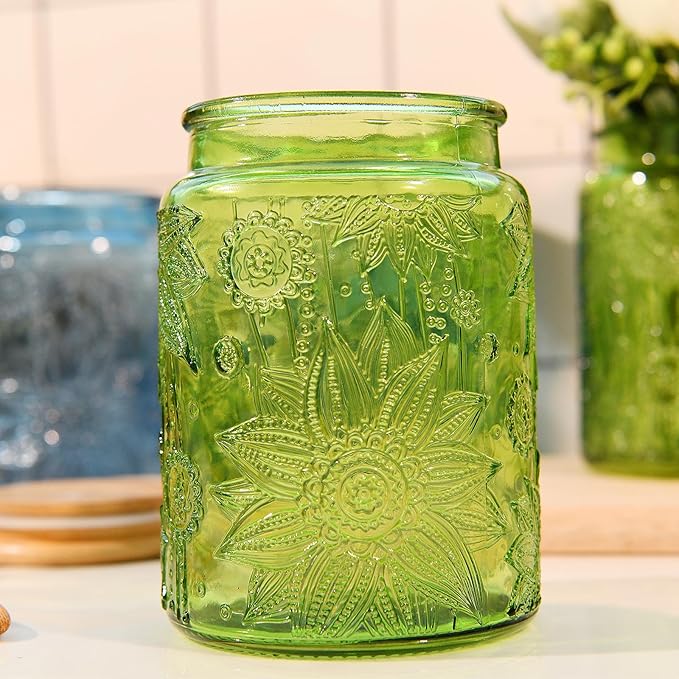 Glass Storage Jars With Airtight Lid, 23.7oz Canister For Kitchen Counter with Bamboo Lid, brown sugar, candy, coffee, cookie, salt, tea,pantry cute Jar (Green, 23.7 fl oz)