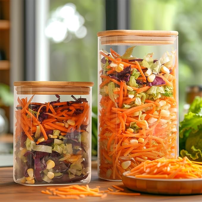 ComSaf 54oz Rectangle Glass Containers with Lids, Glass Jars with Bamboo Lids, Clear Food Storage Jar, Sugar Coffee Containers, Pantry Storage for Pasta Rice Flour Oats Nuts Tea