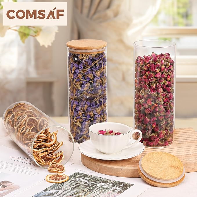 ComSaf 56oz Glass Storage Containers with Lids, Glass Jars with Lids, Clear Food Storage Jar, Round Canister Set of 3, Pantry Organizers for Pasta Flour Cookie Rice Tea Coffee Bean