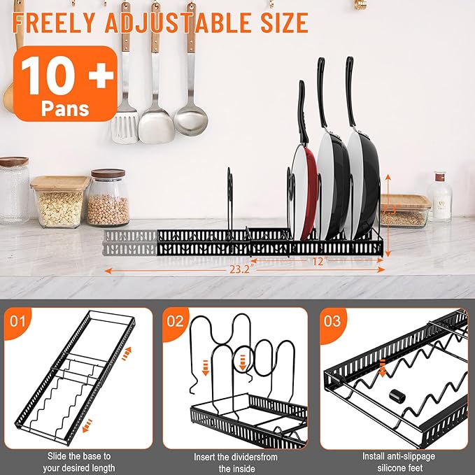AHNR Expandable Pot and Pan Organizers Rack, 10+ Pans and Pots Lid Organizer Rack Holder, Kitchen Cabinet Pantry Bakeware Organizer Rack Holder with 10 Adjustable Compartments (Black)
