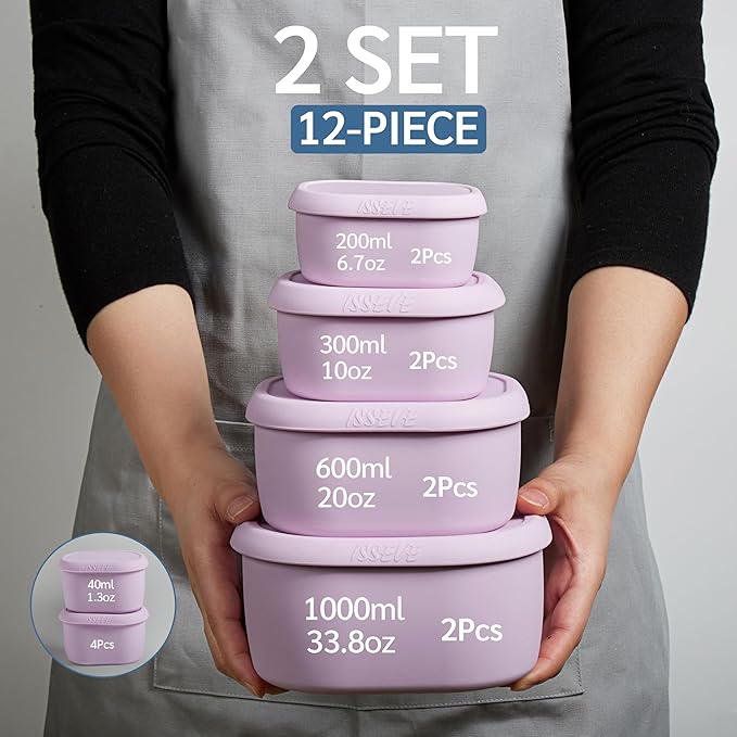 ISSEVE 12Pcs/Set Nesting Silicone Food Storage Containers with Lids, BPA Free Reusable Meal Prep Silicone Containers Airtight, Freezer Dishwasher Safe (33.8oz, 20oz, 10oz, 6.7oz, 1.3oz) (Purple)
