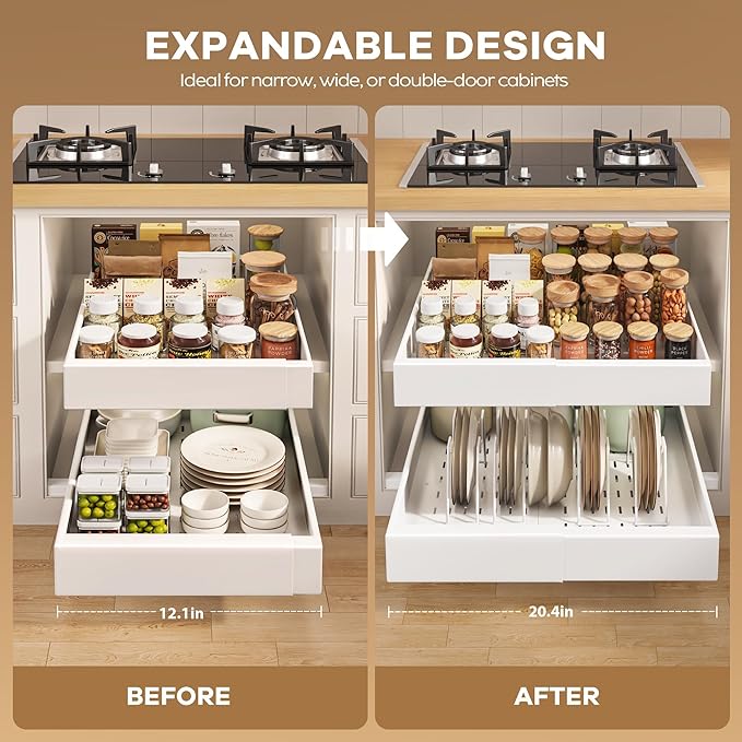 2 Pack Pull out Cabinet Organizer 21"Deep With Raising Pad for Framed Cabinets, Expandable Slide out Drawers for Kitchen Cabinets with 4pcs Divider Racks, Roll out Shelves 12.1"-20.4" W White
