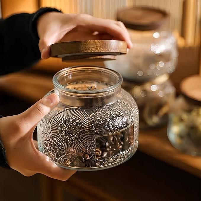 Vintage Decorative Jar 25.4FLOZ Glass Storage Container Mason Jar Candy Coffee Tea Nut Container Sugar Container, transparent, 750-FD1-wood lid