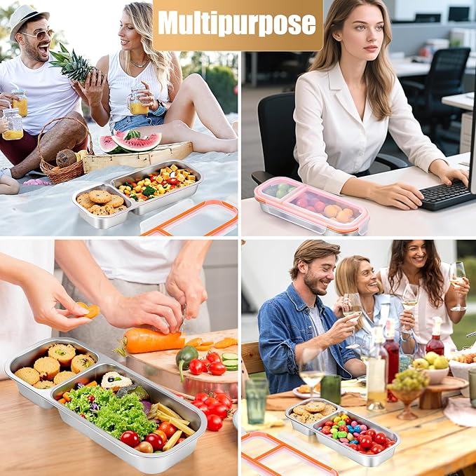 Stainless Steel Snack Containers - Reusable Double Compartment Condiment Box with Lids for Kids Adults, Grab and Go Divided Snack Food Storage Containers Sauce Cups for School, Travel