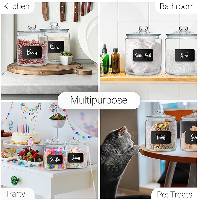 1 Gallon Glass Cookie Jars + Labels & Marker - Set of 2 Canister Sets for Kitchen Counter with Airtight Lids, Sugar Packet Holders Food Storage Containers with Lids Airtight for Pantry, Flour, Sugar,