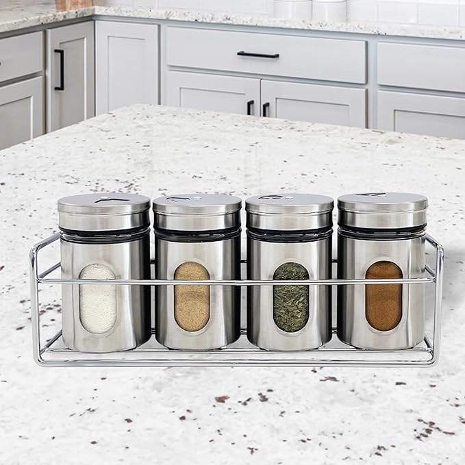 4 Pcs Stainless Steel Spice Seasoning Container Jars with Storage Rack, Perfect for Storing Spices, Salt, Pepper, Sugar and Dry Ingredients (Silver)