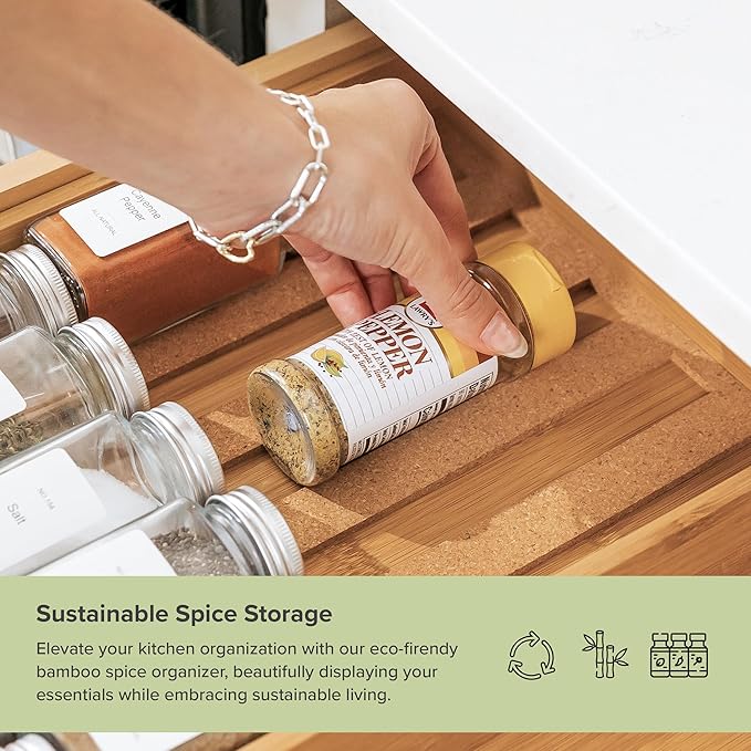 Spice Drawer Organizer with Expandable Storage. Holds up to 15 Spice Jars (Not Included), Non-Slip Feet, Kitchen Accessory Storage, 100% Sustainable Bamboo Wood
