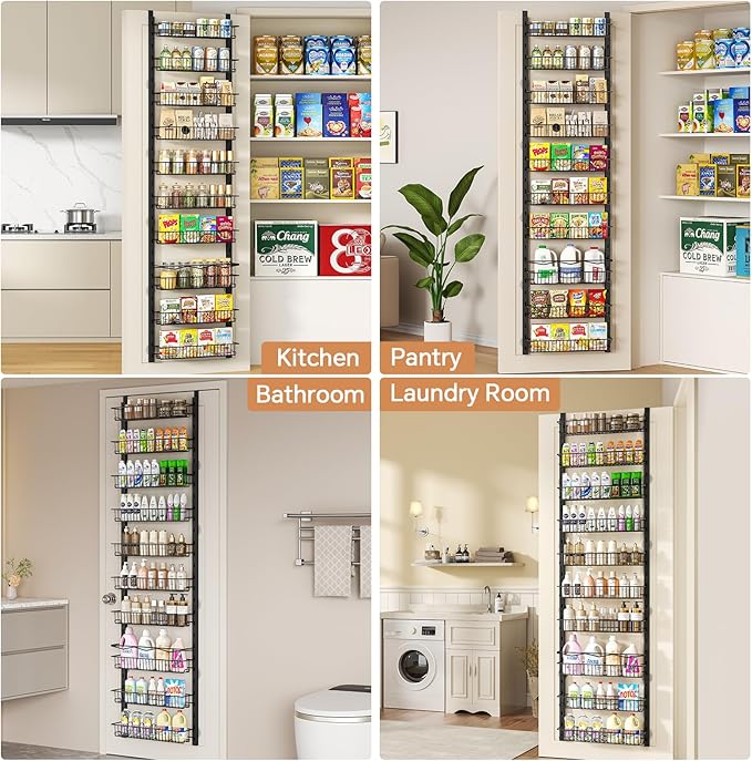 Over the Door Pantry Organizer, 10-Tier Adjustable Spice Rack Cabinet Door Shelves, Hanging Seasoning Organizer for Kitchen Bathroom, Laundry Room Organization, Black