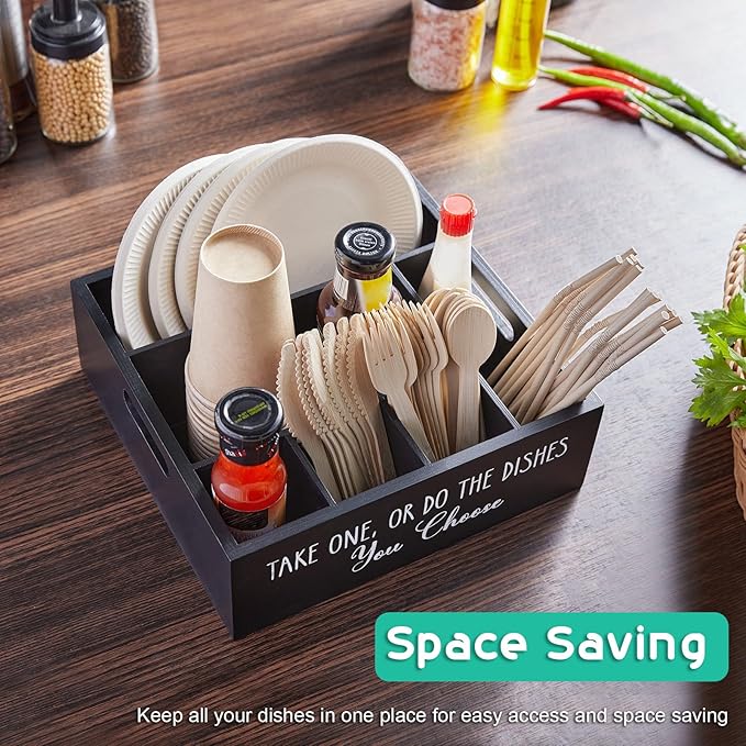 ALELION Paper Plate Dispenser for Countertop - Wooden Utensil Holder Organizer for Party - Silverware Caddy for Plate, Cup, Fork, Spoon - Cutlery Holder with Handles for Kitchen Camping Buffet