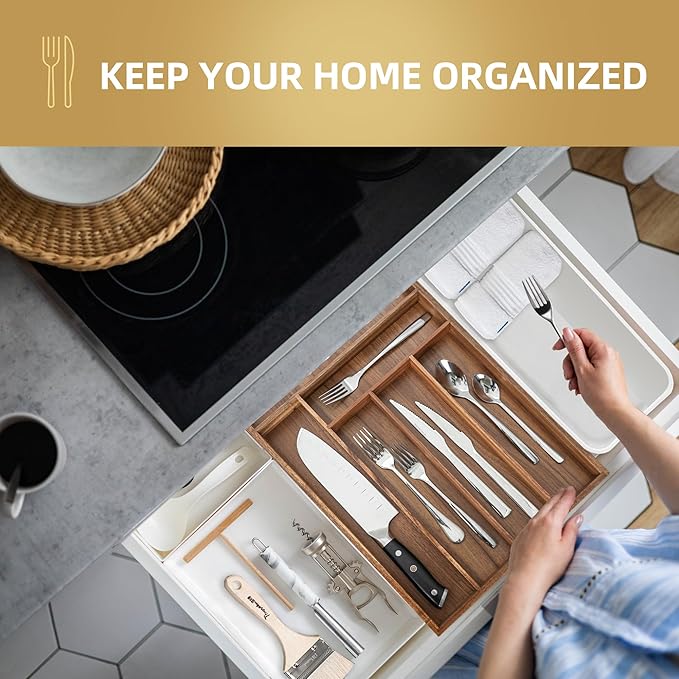 Silverware Organizer Kitchen Drawer Organizer Utensil Organizer Acacia Silverware Holder Cutlery Organizer in Drawer Flatware Organizer Tray(6 slots, Acacia