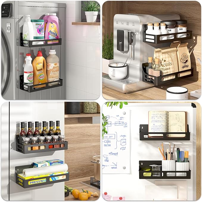 Magnetic Spice Rack for Refrigerator, 4 Pack Premium Plastic Spice Rack Organizer,Magnetic Fridge Shelf Seasoning Rack,Perfect Kitchen Organization and Storage (Black)