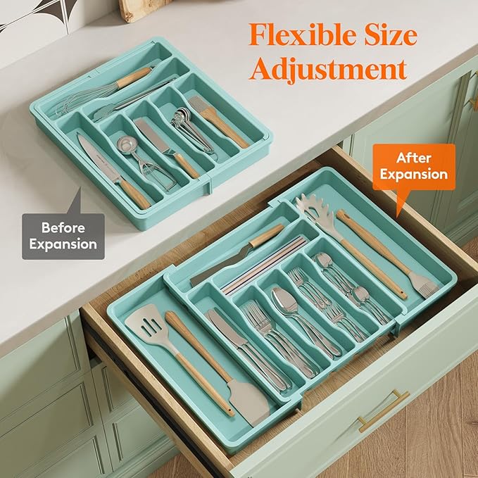 Lifewit Silverware Drawer Organizer, Expandable Utensil Organizer for Kitchen Drawers, Adjustable Cutlery and Flatware Tray, Plastic Spoons Forks Knives Holder Storage Dividers, Large, Turquoise