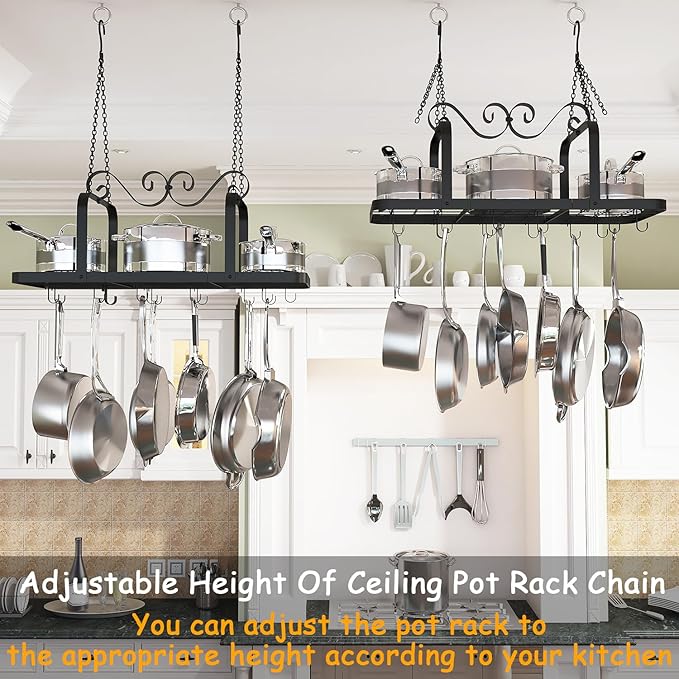 33” Black Pot Rack Hanging, Heavy Duty Metal Ceiling Pot Rack with 15 Hooks, Pot and Pan Hanging Rack Organizer for Kitchen Cookware Utensils
