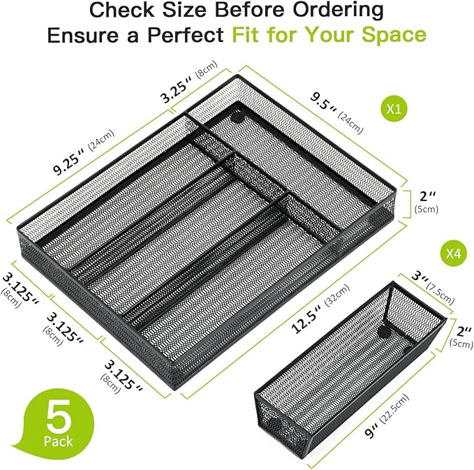 Drawer Organizer Set 5 Pack - 4-Compartment Silverware Organizer Tray + 4 Utensil Trays, Kitchen Drawer Organizer for Flatware, Cutlery, Office Supplies, Black Mesh, Non-Slip.