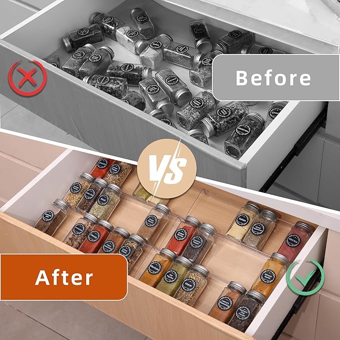 Goabroa Expandable Spice Organizer, 8 Pack 4 Tier Clear Spice Rack, 13" to 26" Wide, Kitchen Spice Organization for Drawer/Countertop