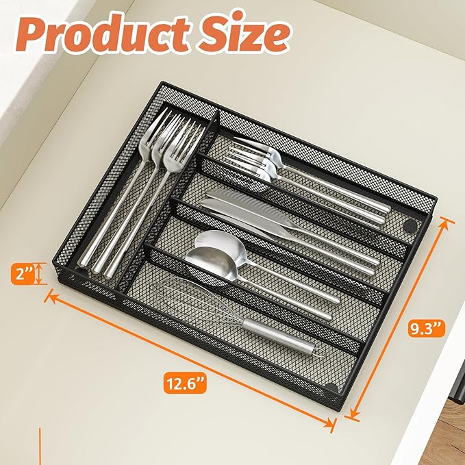 Kitchen Drawer Organizer Flatware Organizer,Drawer Dividers with 5 Compartment,Silverware Organizer Metal Mesh Cutlery Tray Mesh Organizer (9.3" x 12.6 ")