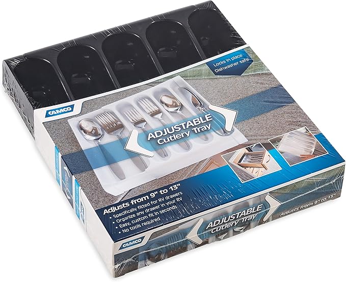 Camco 43504 RV Adjustable Cutlery Tray, Black - Easily Organize and Store Your Kitchen Flatware - Create a Custom Fit to Your Drawer