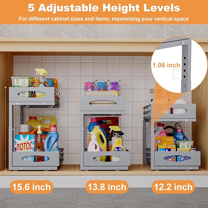 Under Sink Organizers and Storage, Pull Out Kitchen Cabinet Organizer, 2 Tier Slide Out Steel Under Sink Storage Shelf for Kitchen Pantry Bathroom (Grey, 2Pack)