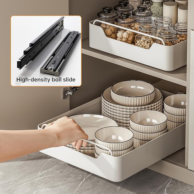 Pull Out Cabinet Organizer Fixed with Adhesive Nano Film, Heavy Duty Slide Out Pantry Shelves, Holds Cutlery, Spice Bottles, Sliding Drawer Storage Rack for Kitchen, Home (12.2'' Width)…
