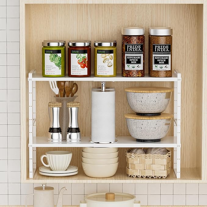 Cabinet Organizer Shelf Expandable Cabinet Spice Rack Stackable Shelves Adjustable Storage Shelf for Kitchen Pantry Countertop Cupboards Bathroom,White,8.07",2 Packs