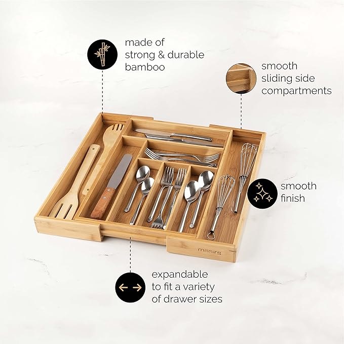 Masirs Expandable Bamboo Kitchen Drawer Organizer - Adjusts to Fit Drawer Size, Ideal for Silverware, Utensils, and Office Supplies, Durable Bamboo Construction